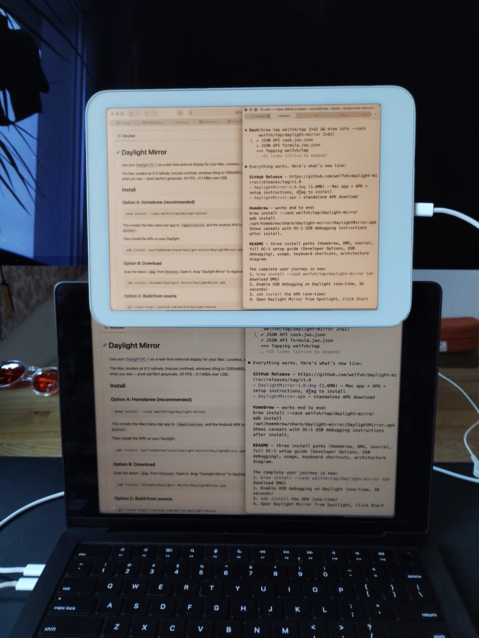 SuperMirror — MacBook mirrored to an external Android display